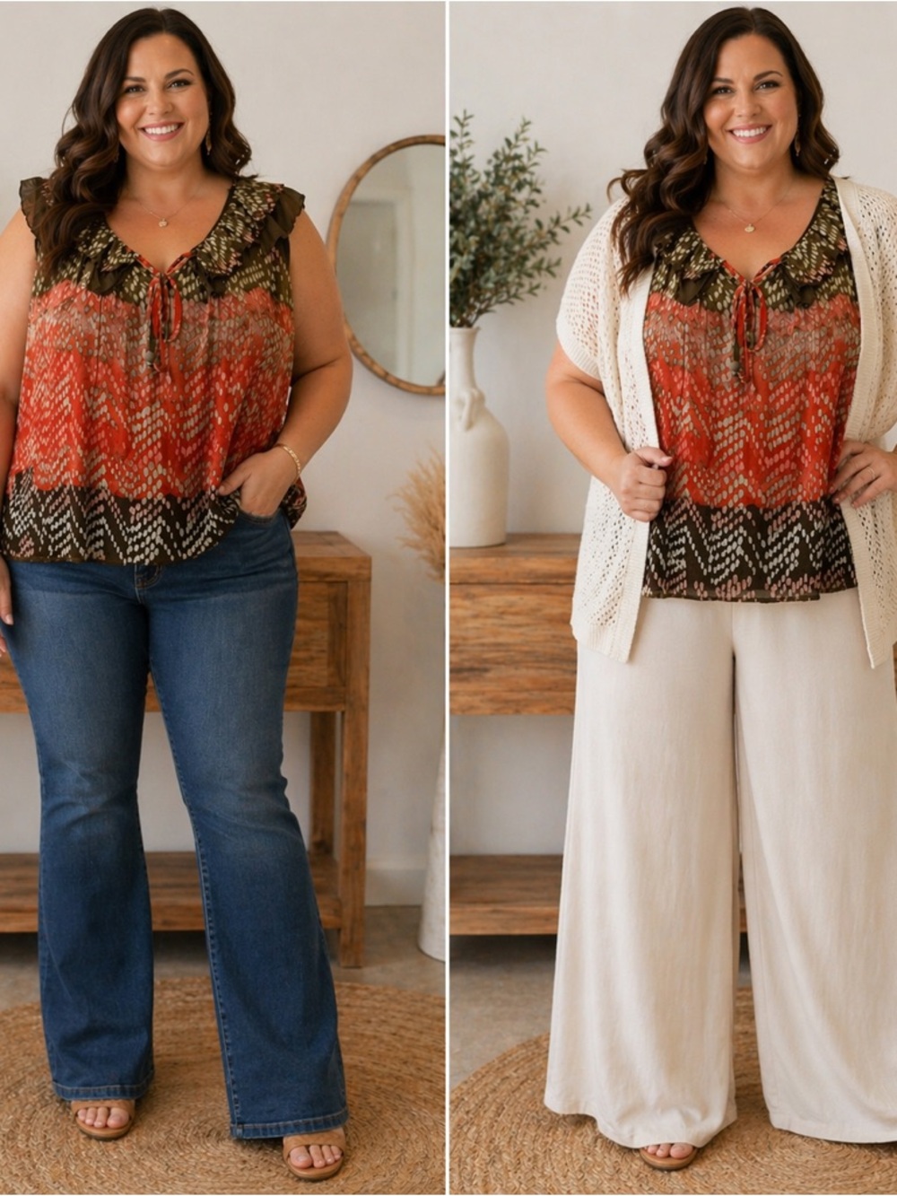 new directions Olive Red Brown Ikat-Print Ruffle Tie Sleeveless Blouse